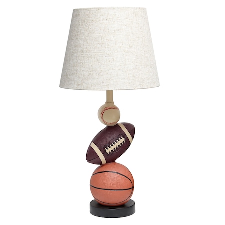Simple Designs 22 Sports Combo Basketball, Baseball, Football Polyresin Table Lamp, Light Beige Tapered Drum Shade LT1082-SPT
